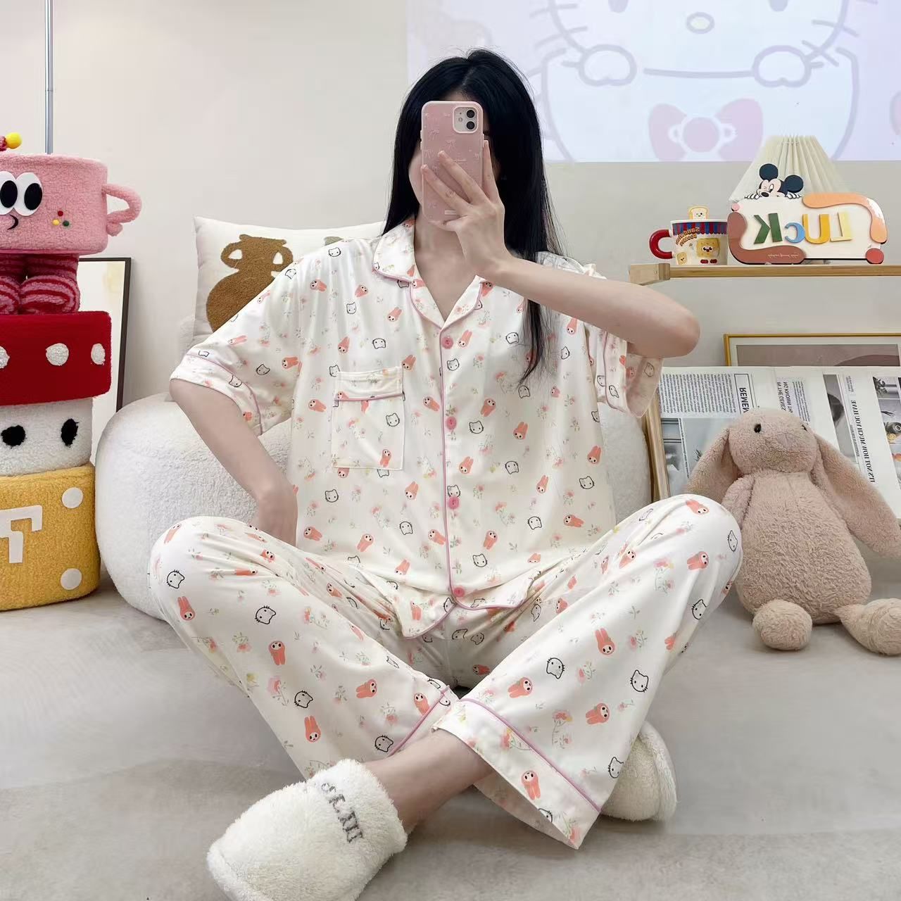 Transfronterizos al por mayor algodón solapa casa pijamas de niñas pantalones largos de manga corta lindos y sueltos se pueden usar con dos piezas image 14