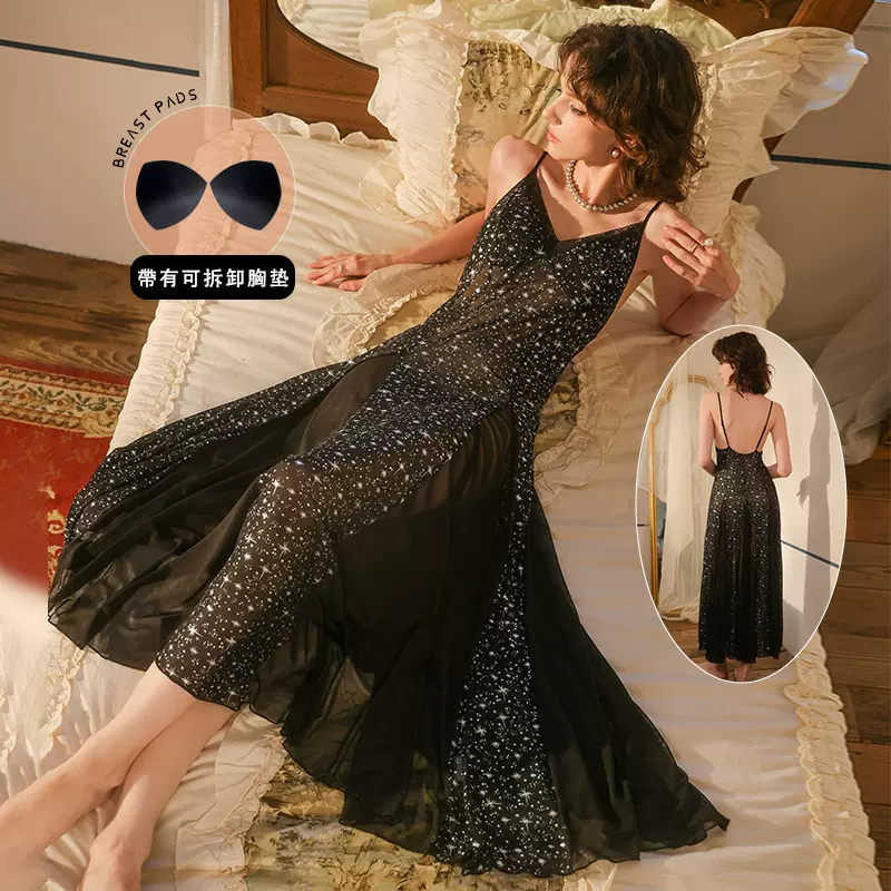 女士星空亮片透视睡裙性感露背吊带修身长款可拆卸胸垫家居服1106