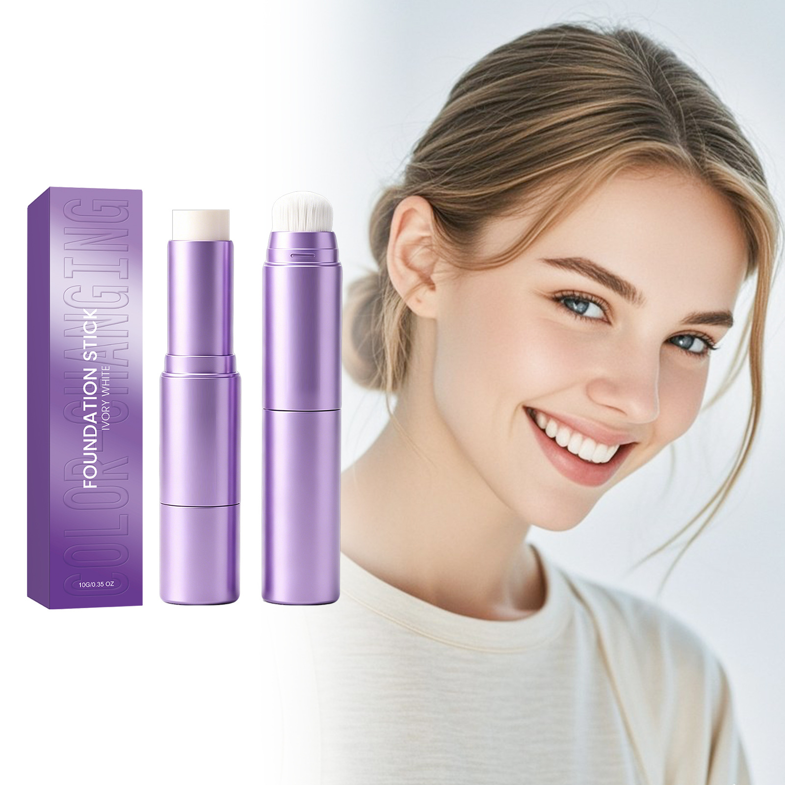 2-in-1 Color-Changing Foundation Stick (Ivory White) Brightens and Evens Skin Tone, Creating a Natural and Flawless Base Makeup Look