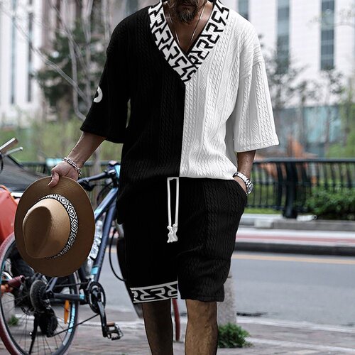 Cross-border European and American independent website exclusive—3D-printed trendy tech knitted jacquard fabric men's shorts and short-sleeved set