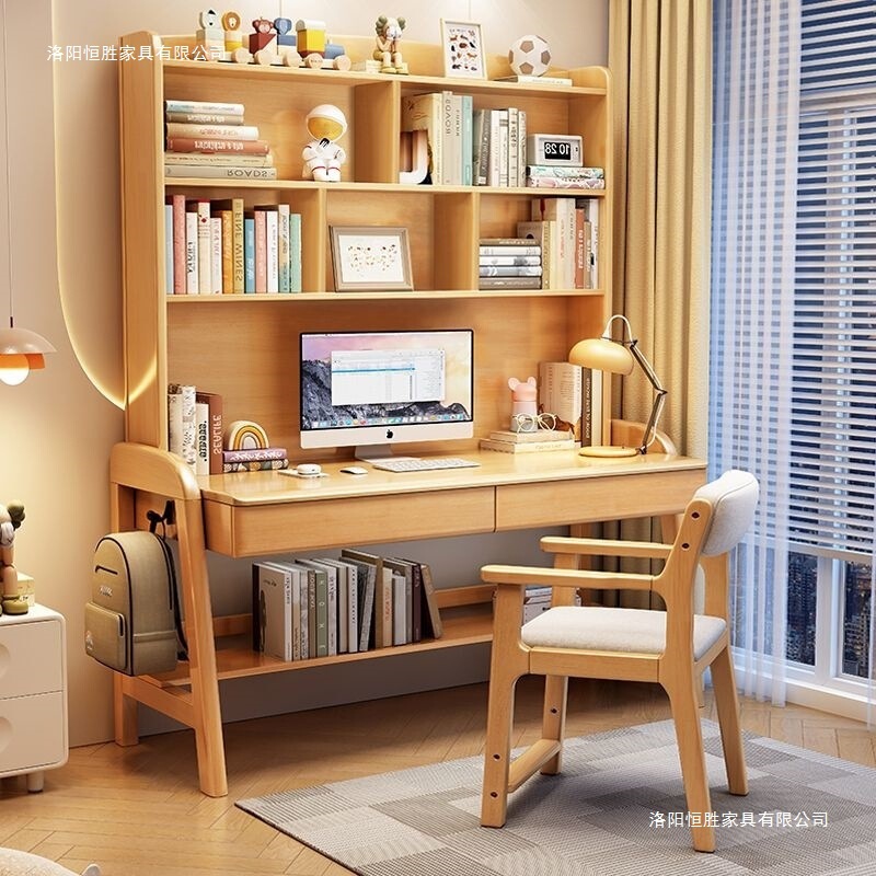 Solid Wood Desk and Bookshelf, Liftable Integrated Children's Study Table, Simple Home Writing Desk for Primary and Secondary School Students in the Bedroom Solid Wood Desk and Bookshelf, Liftable Integrated Children's Study Table, Simple Home Writing Desk for Primary and Secondary School Students in the Bedroom