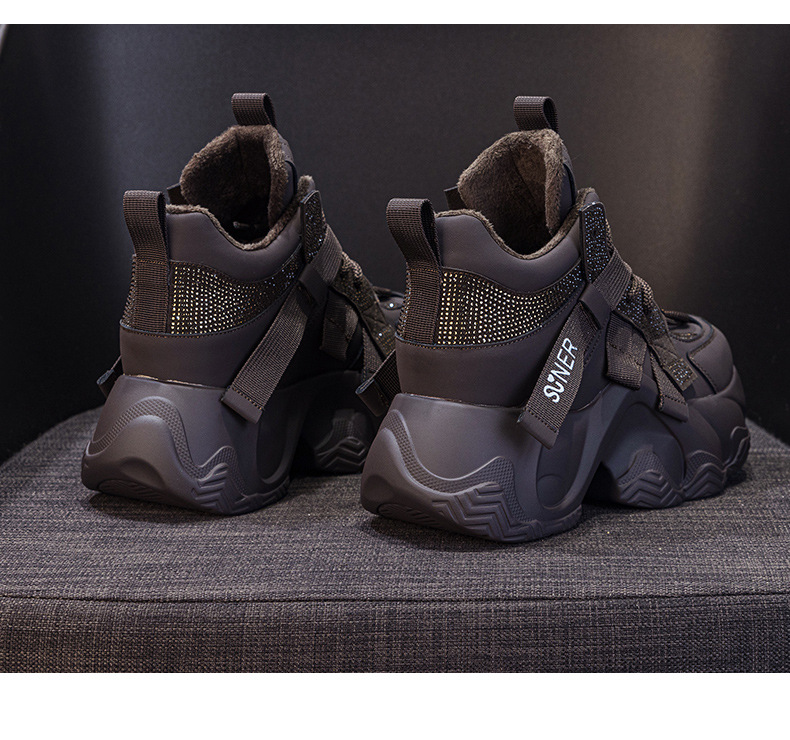Giày sneaker nữ chunky đế dày tăng chiều cao 8cm, đính đá pha lê, dây buộc thời trang — M2991 lót đơn màu đen, M2991-1 plus nhung nâu, M2991 lót đơn màu xám, M2991-1 plus nhung xám chi tiết 24