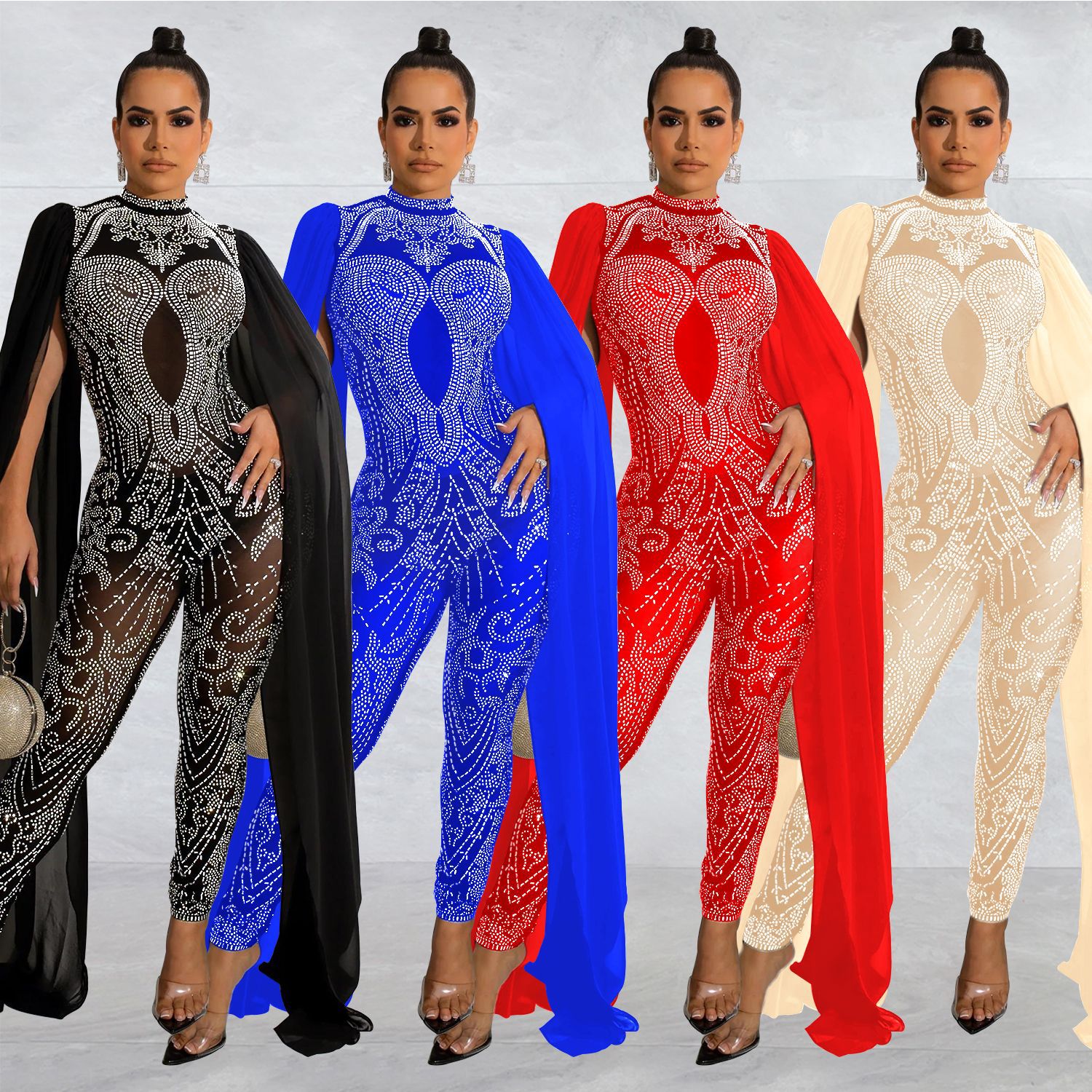 C6032 AliExpress Amazon moda europea y americana ropa de mujer rhinestone malla ver-a través de pantalones sin mangas hombro mono