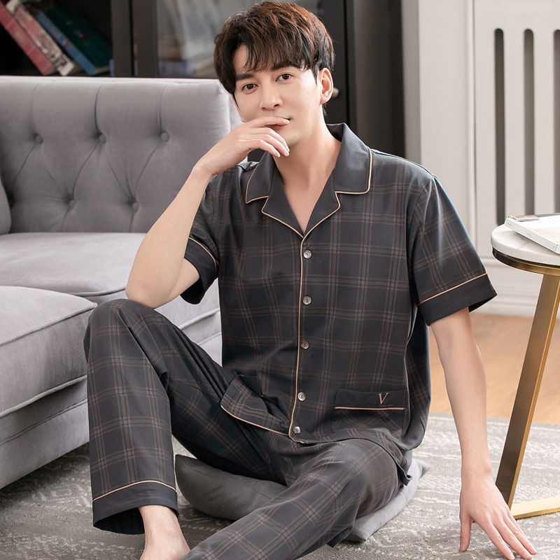 Pijamas de los hombres de verano 100% algodón pantalones de manga corta de media manga de primavera y otoño delgada cardigan ropa para el hogar más tamaño