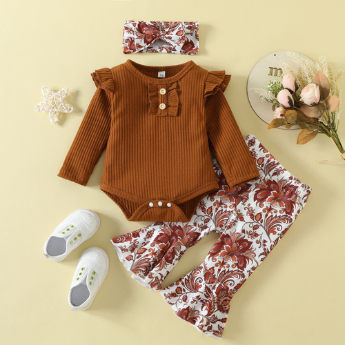 Set of baby and children's onesies and long pants for autumn , European and American girls' solid color onesies and bell-bottom pants set