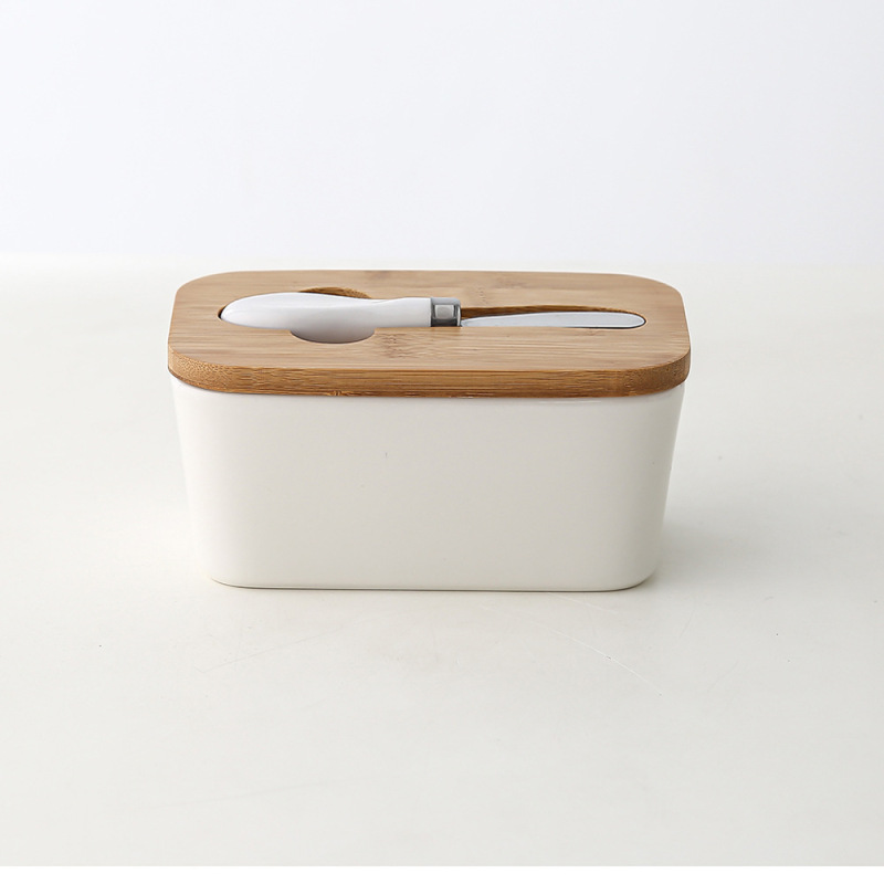 長方形の陶磁器のバターの箱の密封の缶の牛油の箱の竹の蓋はナイフの洋式の家庭用チーズの箱のクロスボーダーのアマゾンを持ちます。|undefined