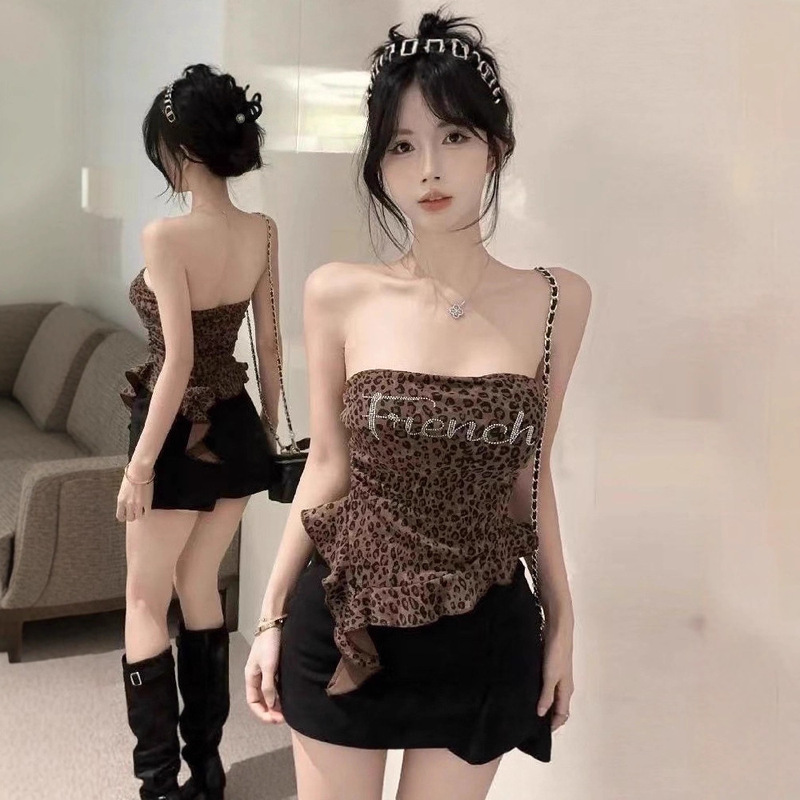 Vintage Sexy Hot Girl Style Leopard Print Strapless Rhinestone Irregular Slim Fit Collarbone-Exposing Slimming Tank Top Vintage Sexy Hot Girl Style Leopard Print Strapless Rhinestone Irregular Slim Fit Collarbone-Exposing Slimming Tank Top