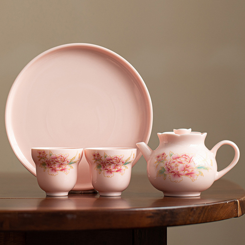Handmade Ceramic Creative Pomegranate Teapot Women's Pink Peony Teapot Single Pot with Filter Ball Hole Kung Fu Tea Set
