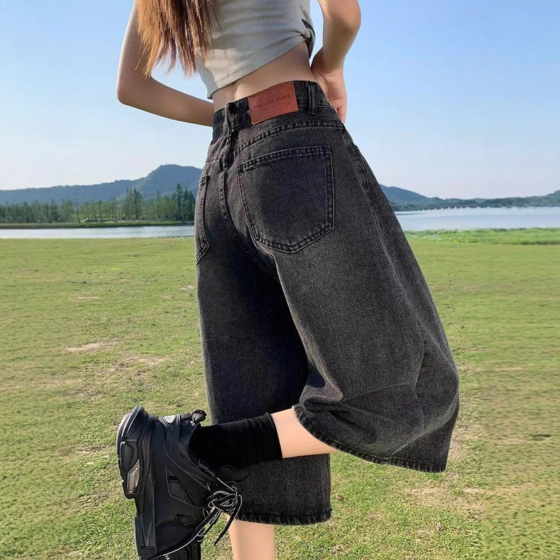 Summer Thin Retro High-End Cropped Pants for Women, Spring and Autumn Black and Gray Large Size Loose Wide-Leg Pants for Small People Jeans