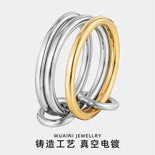 跨境不锈钢撞色三环戒指钛钢电镀18K金高级感指环女小众配饰批发