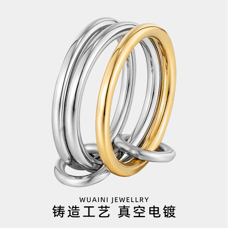 跨境不锈钢撞色三环戒指钛钢电镀18K金高级感指环女小众配饰批发