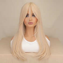 八字刘海中长纹理直发Wigs 欧美知性假发女Hair 机制金色化纤头套