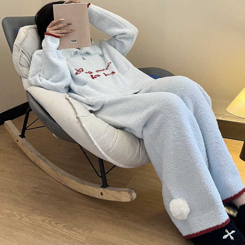 日系少女半边绒睡衣女款冬季2025新款大码宽松加厚保暖家居服套装|undefined