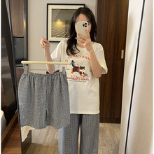 棉质睡衣女夏季新款可爱卡通格子短袖三件套宽松薄款可外穿家居服