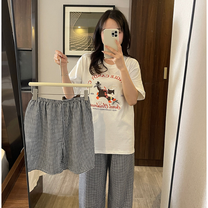 여성을위한 면화 잠옷 여름 새로운 귀여운 만화 격자 무늬 반팔 3 피스 세트 느슨한 얇은 홈웨어 외부에 착용 가능