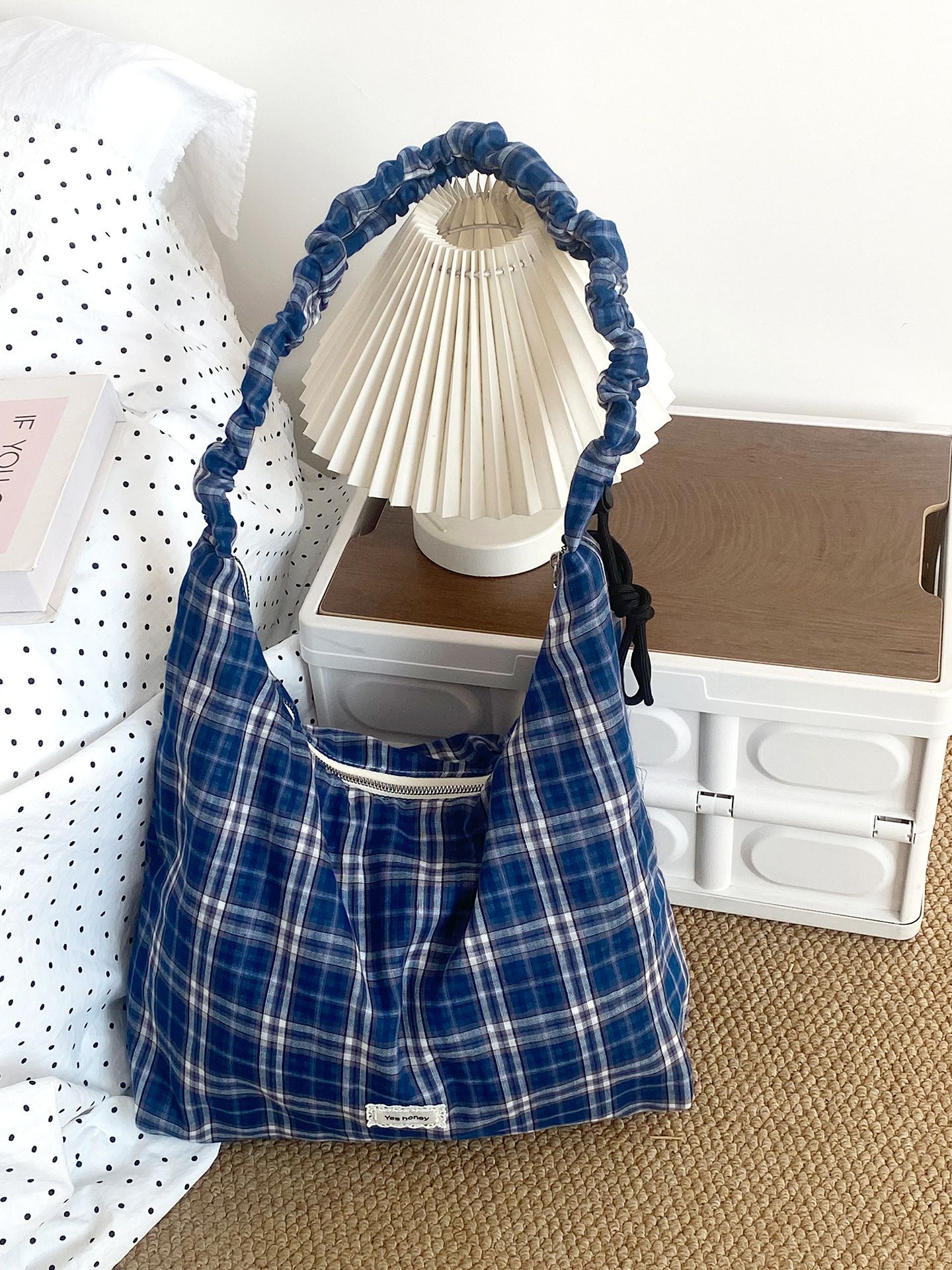 Korean Style Plaid Pleated Crossbody Bag - Large Capacity Academy Style Versatile Shoulder Bag For Women, Spring/Summer Fabric Bag - Thumbnail 8