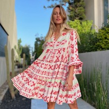 连衣裙2023秋季新款跨境女装亚马逊欧美V领中袖宽松大摆印花裙子