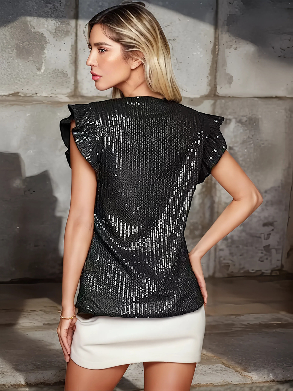 Women's Sexy V Neck Flutter Short Sleeve Sequin Top – Glitter Casual Summer Tee_ecoleips.com