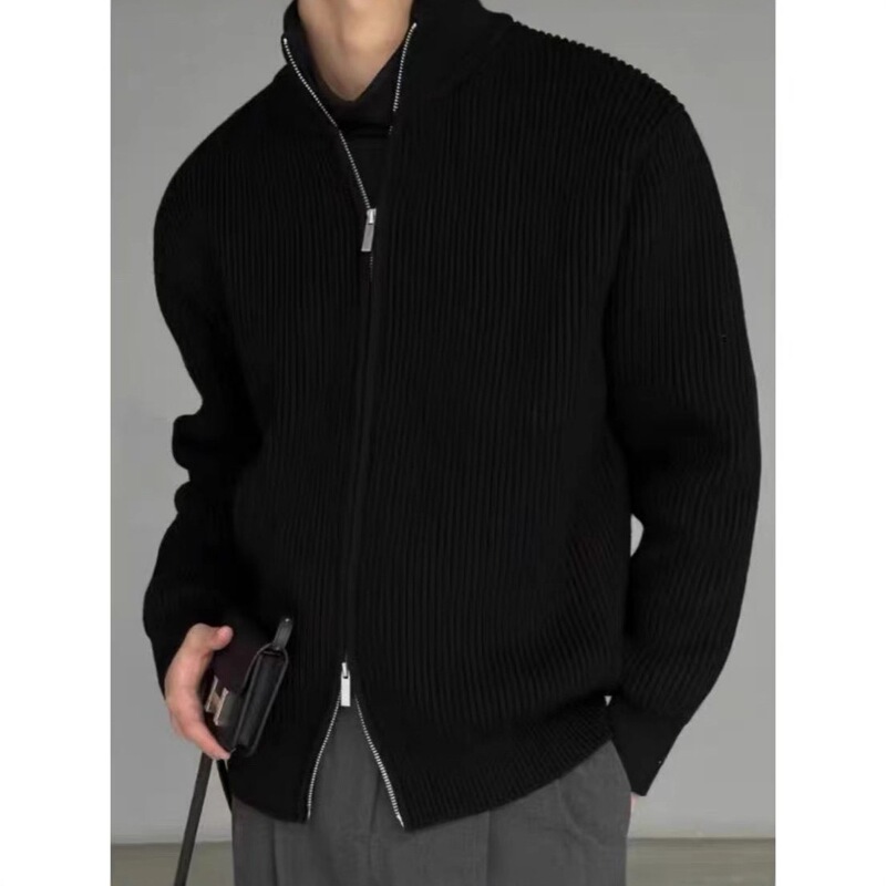 Cross-Border Autumn and Winter Comfortable Chain Stand Collar Knitted Cardigan for Men, Slim Fit, Fashionable, Simple, Casual, Versatile Jacket for Men
