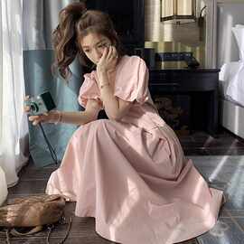 粉色法式泡泡袖连衣裙女夏2024新款韩版宽松显瘦遮肉在逃公主长裙