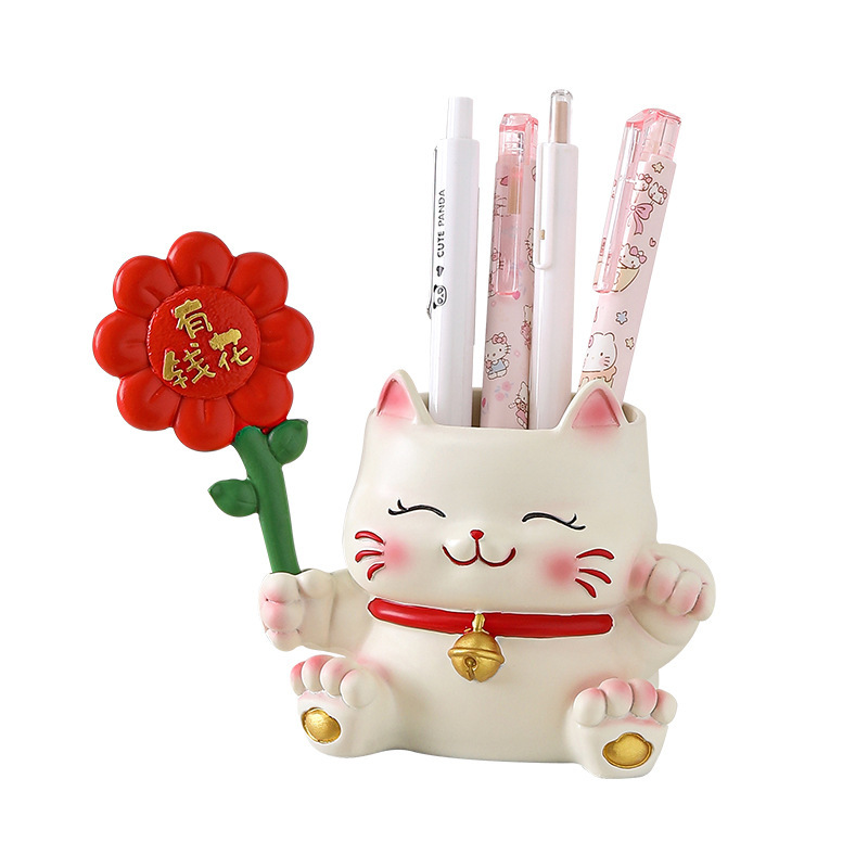 招财猫笔筒桌面收纳树脂摆件高颜值装饰生日礼物创意可爱学生礼品|undefined