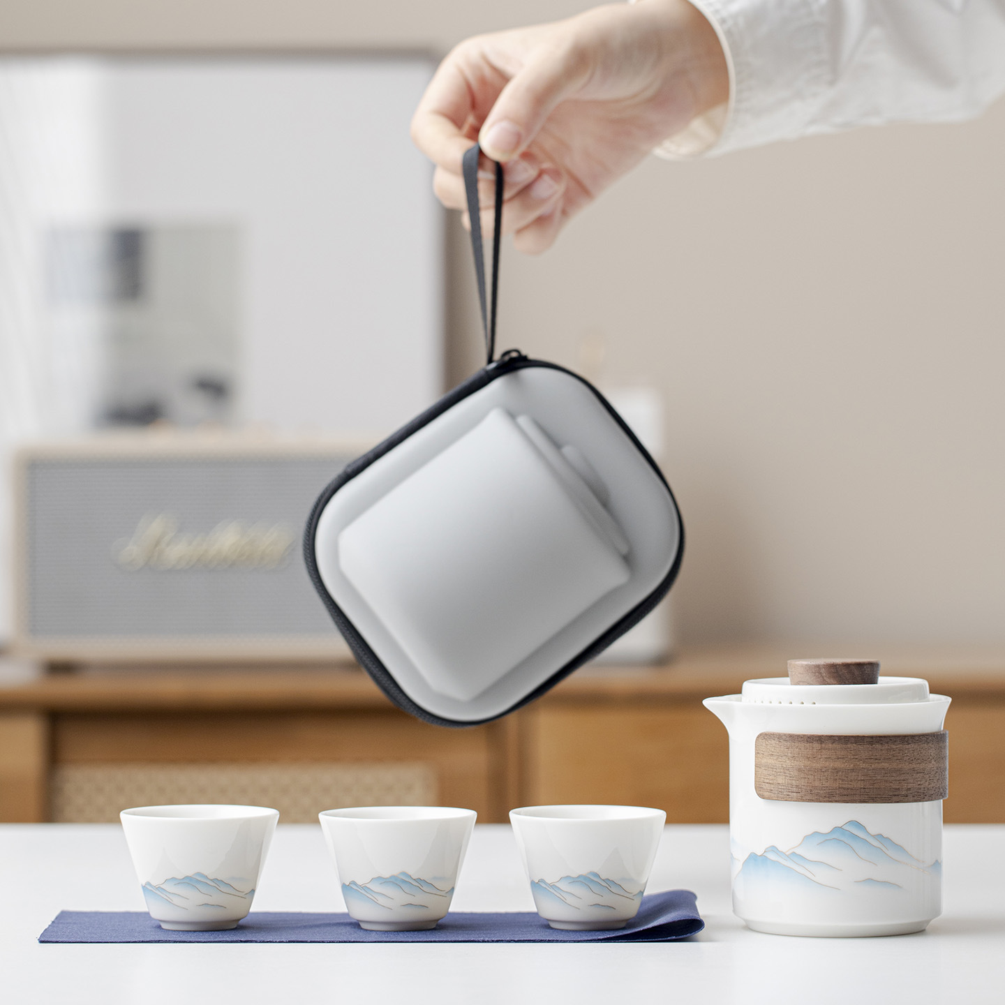 陶瓷旅行茶具便携快客一壶三杯千里江山户外泡茶商务送礼定LOGO