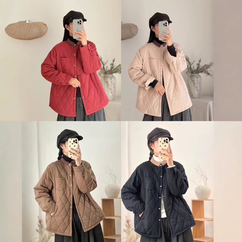夹棉棉衣 2025冬季新款 复古保暖菱格休闲棉服女文艺拼色立领外套|undefined
