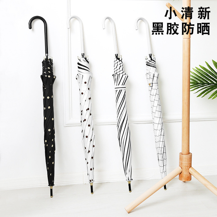 Small curved handle, straight shaft umbrella, black glue coated long handle sun umbrella, unisex business leather umbrella, with logo printing available, wholesale in stock