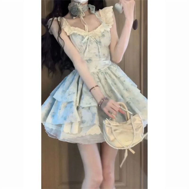 甘い小さなフライングスリーブ新しい花柄ウエストドレス夏痩身フレンチプリンセスチュチュスカートチュチュスカート|undefined