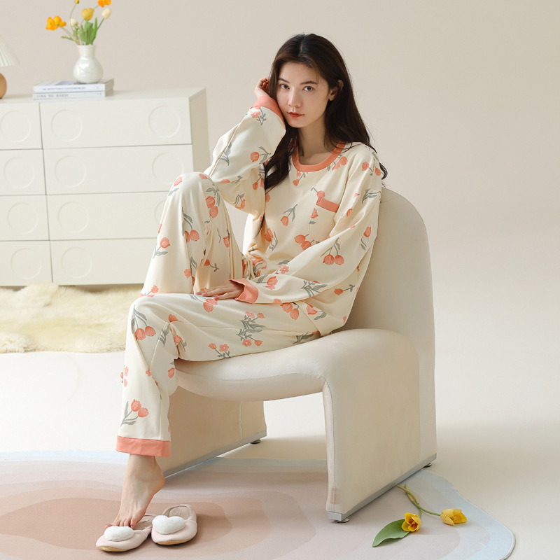 パジャマの女性春秋の純綿の長袖の2024年の新型の秋冬の大きいサイズの純綿は家の服のスーツを着ることができます。