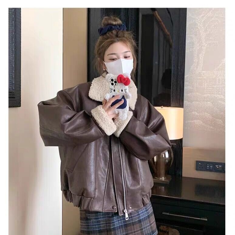 美拉德复古皮衣加绒加厚短款羊羔毛外套女冬2025新款宽松机车夹克|undefined