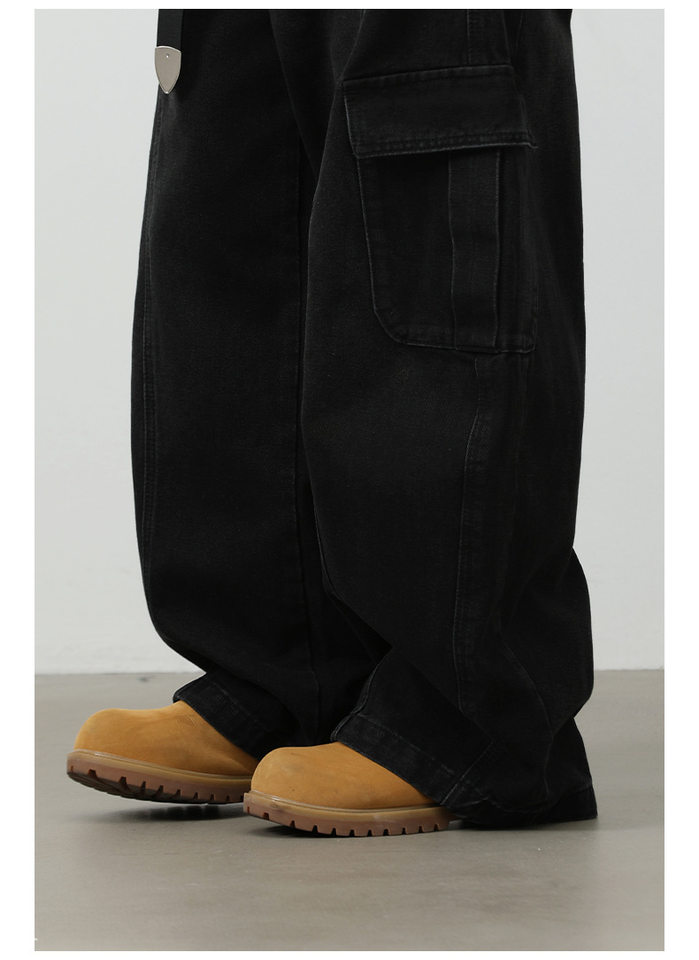 Quần jean nam ống rộng baggy phong cách retro Mỹ, nhiều túi khóa kéo, lưng giữa eo — màu xám đen chi tiết 12