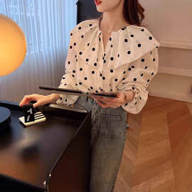 法式复古波点衬衫女设计感春装新款甜美减龄娃娃领别致小上衣