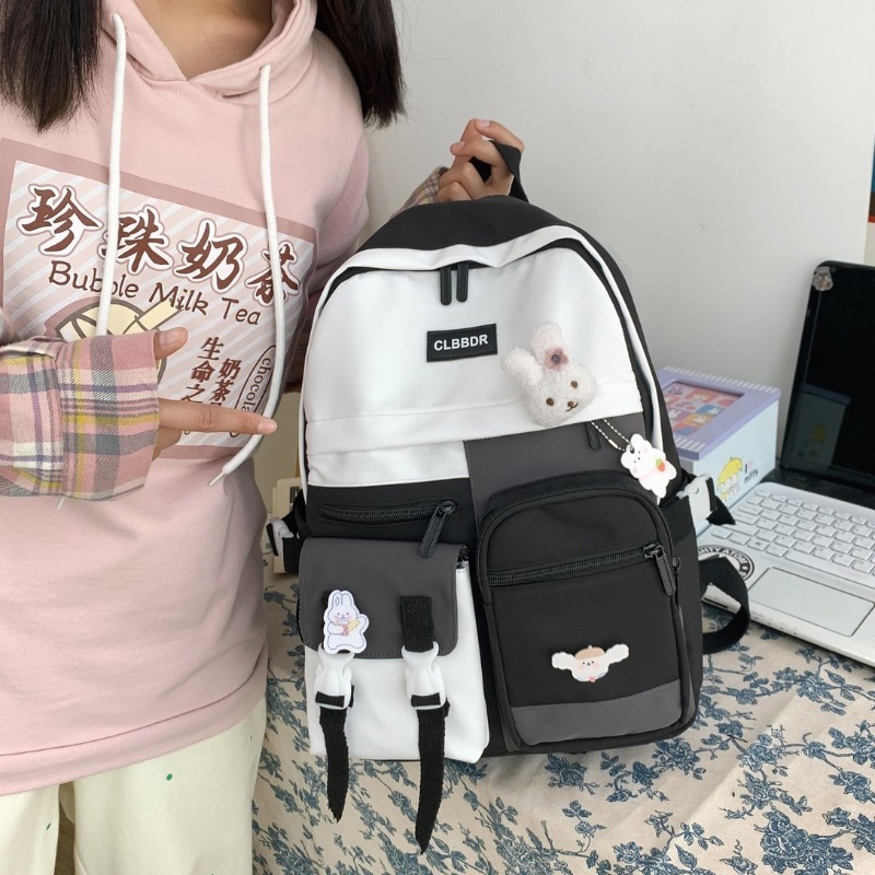 森系书包女韩版原宿初中高中大学生大容量背包撞色日系ins双肩包|undefined