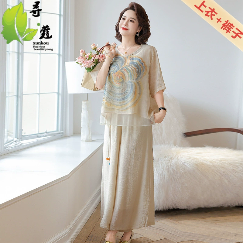 Летние женские костюмы среднего и пожилого возраста, модные женские костюмы для свекрови, костюмы-двойки, повседневная шифоновая одежда для женщин среднего возраста.