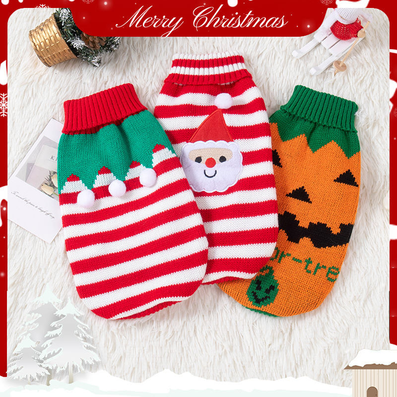 Suéteres quentes para animais de estimação transfronteiriços de outono e inverno, roupas de malha listradas de Natal para cães de pequeno e médio porte em estoque
