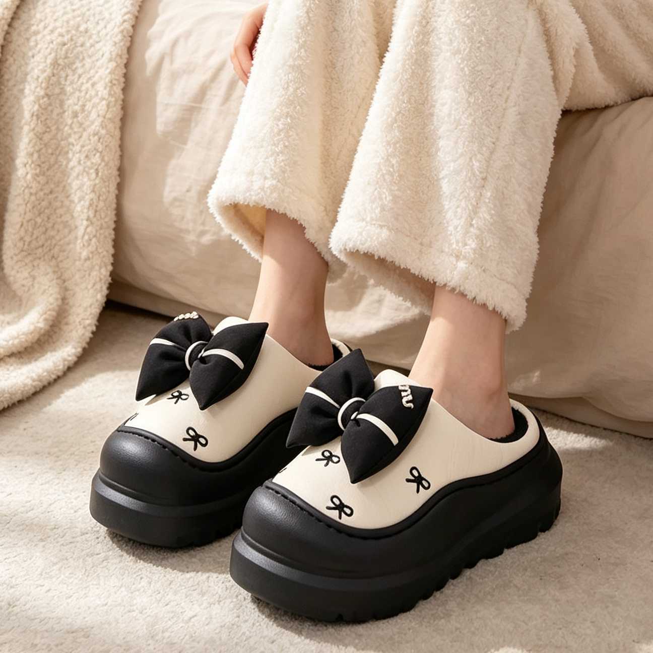 Nuevos zapatillas de algodón de fondo grueso de arco para mujeres de otoño y invierno en el hogar antideslizante pisar sensación de excremento de terciopelo cálido lindas zapatillas de algodón de cabeza