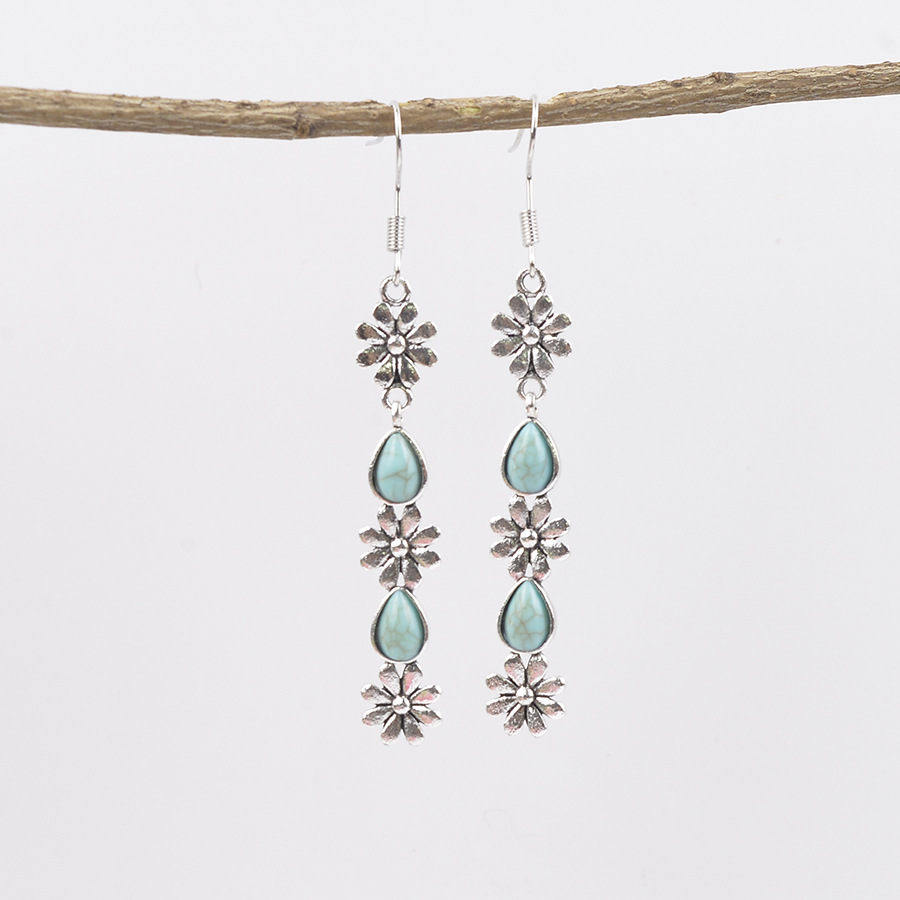 Cross-Border Fashion New Retro Long Flower Earrings Creative Inlaid Turquoise Tassel Pendant Earrings for Women