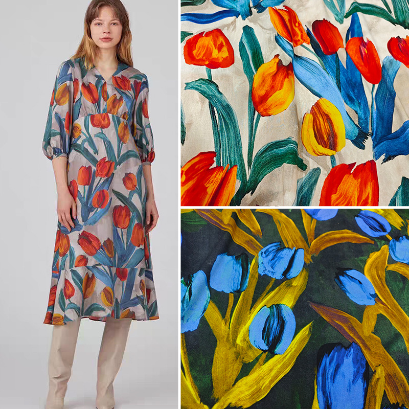 24春夏新款秀场花型时尚人棉布料 玫瑰花图案女神风欧美印花