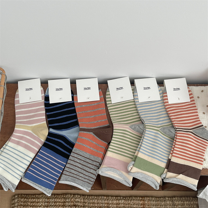 IOULOR卷邊條紋襪子女堆堆襪秋冬韓版ins拼色無骨中筒襪女生百搭