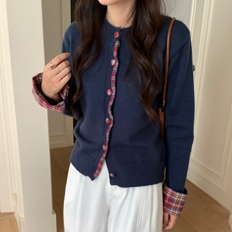 实拍 假两件韩系显瘦圆领拼接格子毛衣女装秋冬新款宽松休闲开衫|undefined
