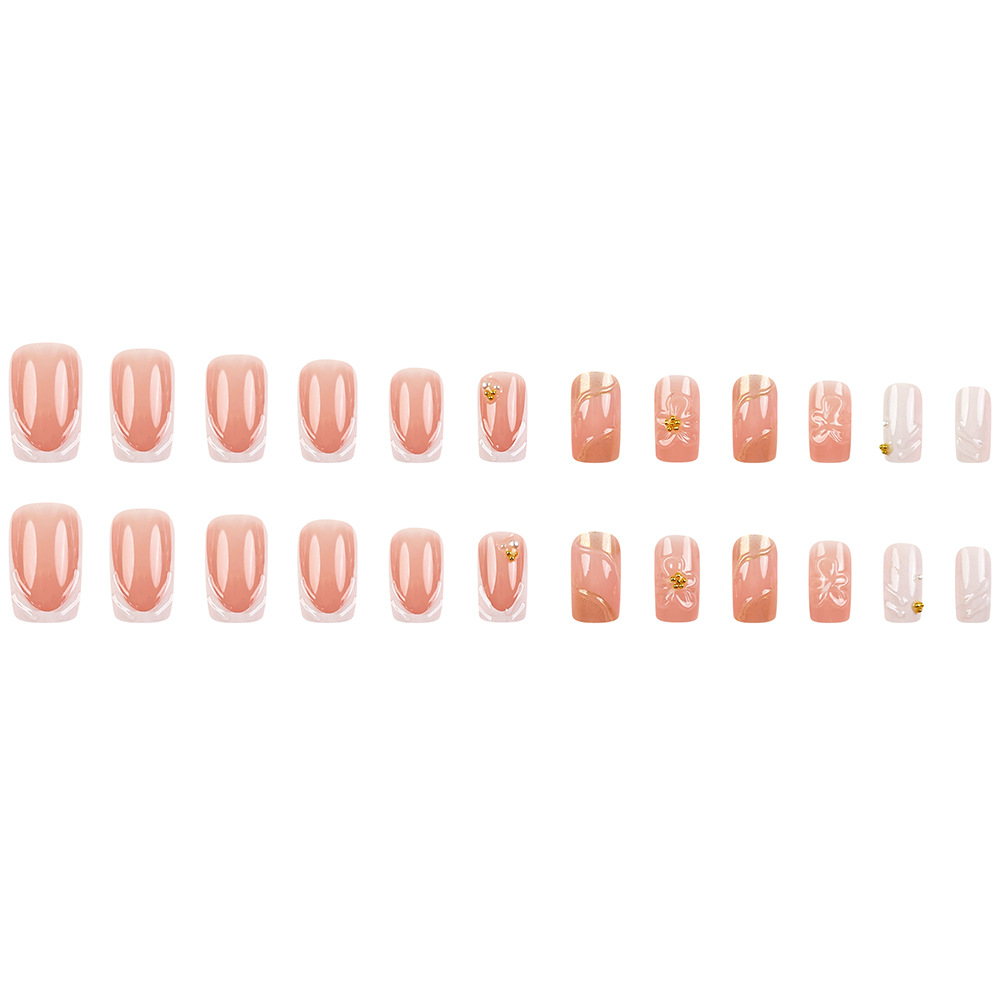 Ventas transfronterizas en caliente 3D flor manicure polvo desnudo punto de perla perforado estilo francés 24 piezas de parche de uñas
