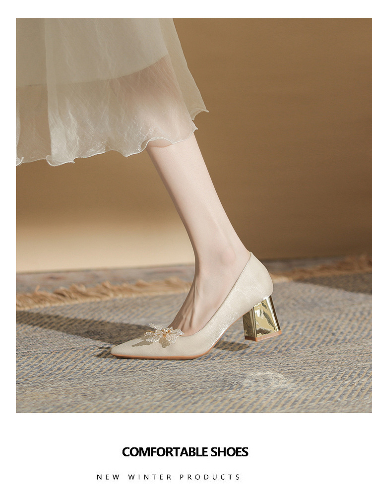 Giày cao gót nữ mũi nhọn satin gót thô Jin Gang CH60-41 — Màu đỏ rượu chi tiết 10