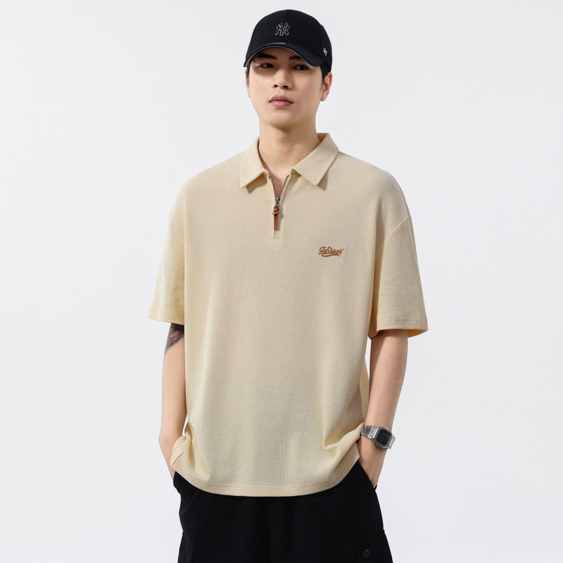 American Retro Waffle Embroidered Polo Shirt Short-sleeved Half-zipper Heavy Lapel Half-sleeve T-shirt Men's Summer Thin