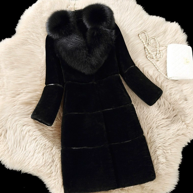Sheep scissor 2024 autumn and winter new product stitching fur integrated medium -length imitation fox hair collar coat fur jacket