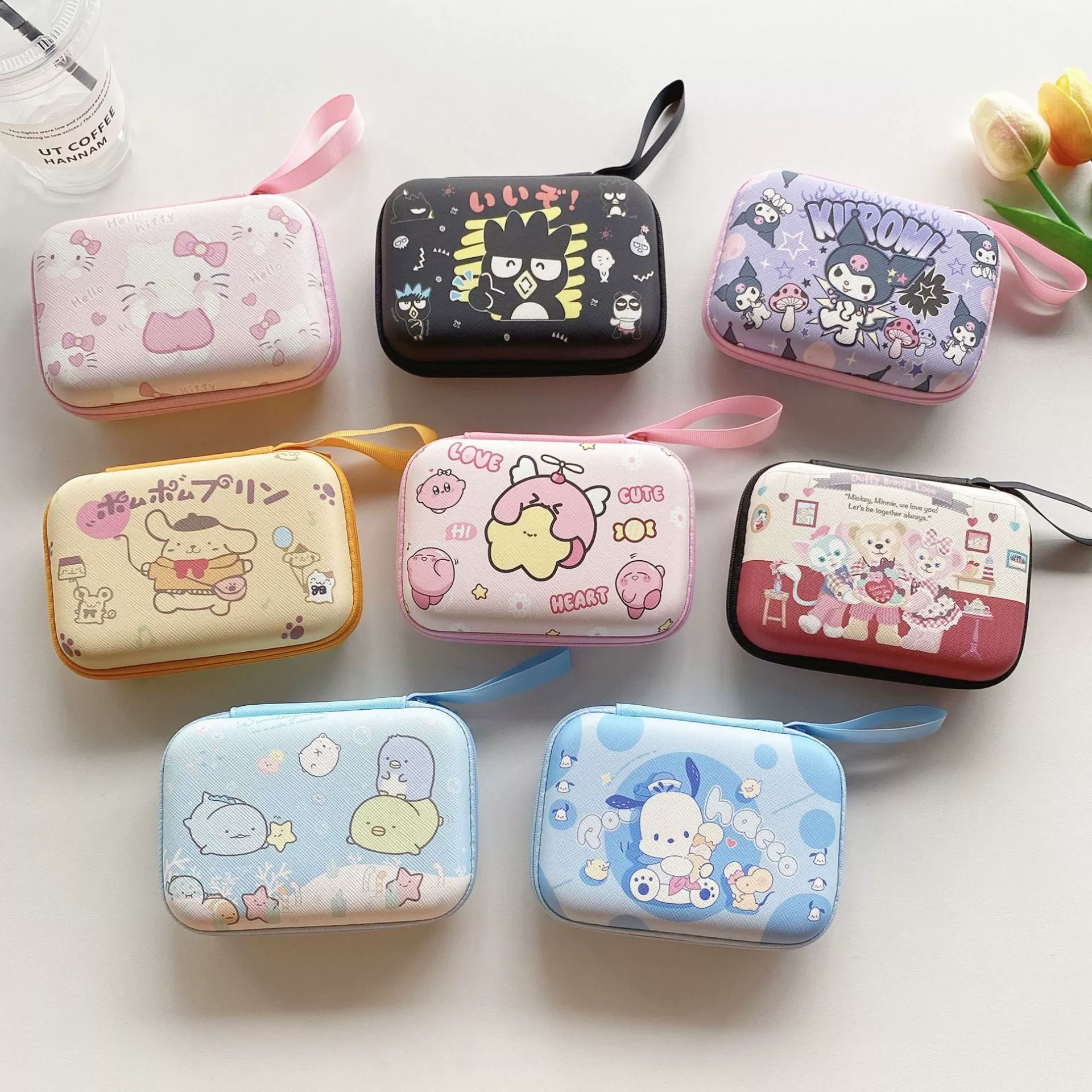 Cartoon rectangular cute headphones, big organizer bag, wallet, charger, storage box