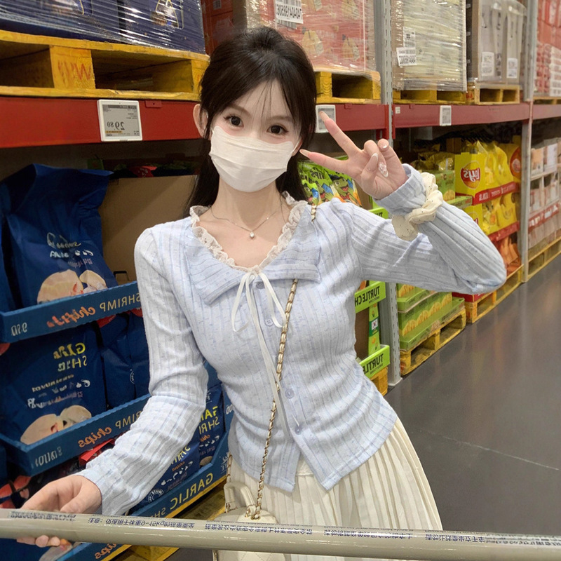 Korean Sweet Style Blue Lace Lace Long-Sleeved T-Shirt Women's Autum Fake Two-Piece Chic and Beautiful Slimming Look Top