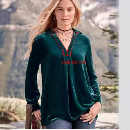 Трансграничная амазонка женская золотая бархатная рубашка с длинными рукавами 2024 европейская и американская повседневная футболка с V-образным вырезом