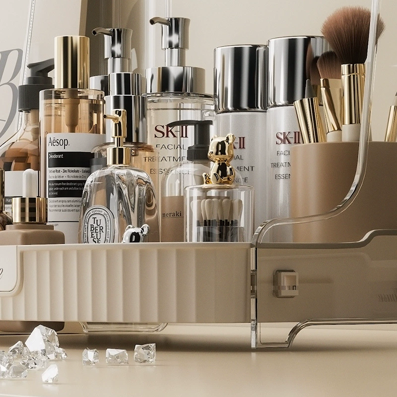 Cosmetic Storage Box 8001, Cream Dressing Table Organizer, Single or Double Layer, Light Luxury