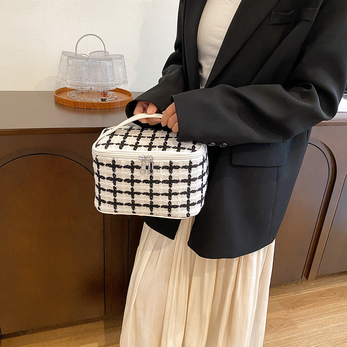 Neceser de Lana a Cuadros de Gran Capacidad - Estilo Coreano, para Maquillaje y Aseo